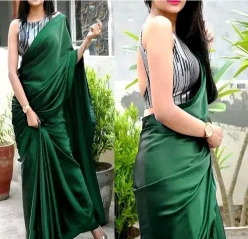 Solid Bollywood Satin Saree  (Dark Green)