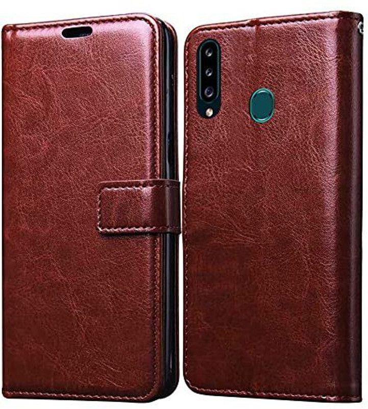 Bangdu Flip Cover for Samsung Galaxy A20s (Flexible | Leather Finish | Card Pockets Wallet & Stand )  (Brown, Dual Protection, Pack of: 1)