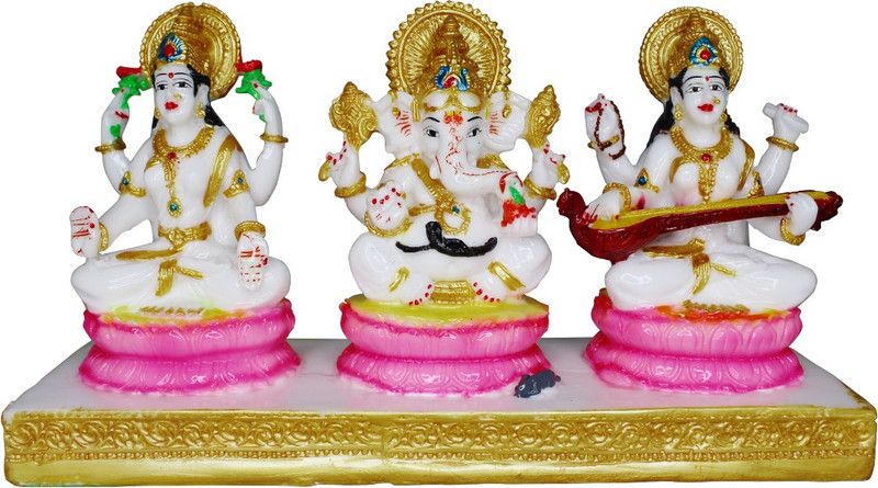 Om ssvmb9 Lakshmi Ganesh Saraswati Murti Laxmi Ganesha Sarda Mata Statue Diwali Pooja Idol Decorative Showpiece - 15 cm  (Marble, Multicolor)