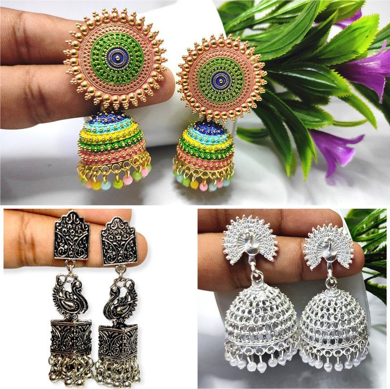 Oxidized Silver Big Jumkhas Combo Earring Set Pack of 3 German Silver Jhumki Earring