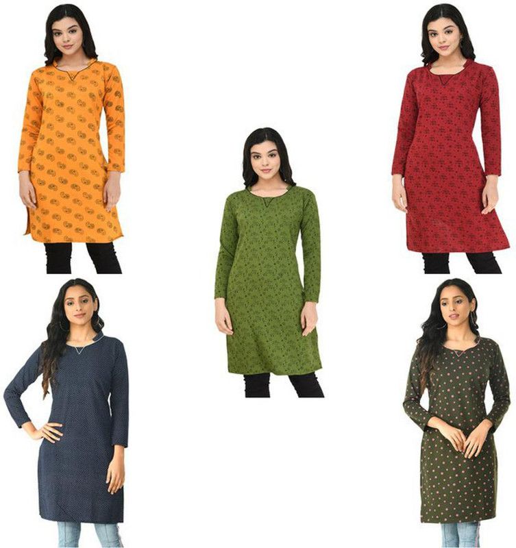 Pack of 5 Women Floral Print Wool A-line Kurta  (Dark Blue, Dark Green, Yellow)
