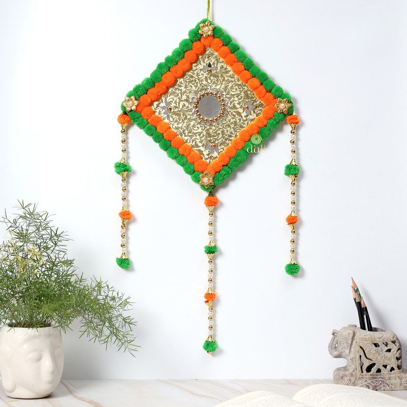 DULI Handmade Square Pompom Hanging, Wall Hanging Dream Catcher Decorative Showpiece - 49 cm  (Wood, Feather, Orange, Green)