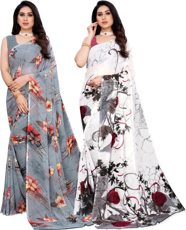 Embellished, Geometric Print, Printed Daily Wear Georgette Saree  (Pack of 2, White, Multicolor)
