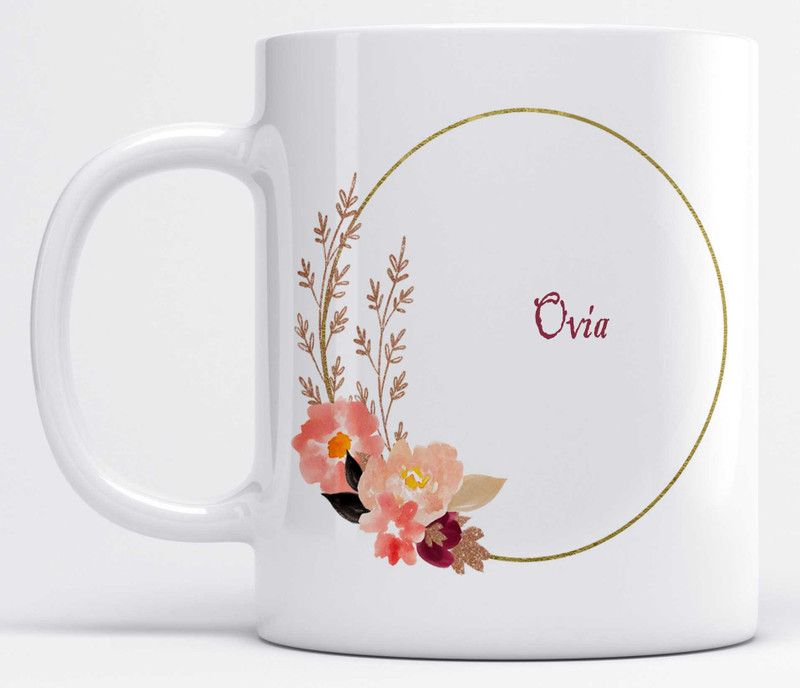 Name Ovia Printed Light Pink Flower Design Ceramic Coffee Mug  (350 ml)