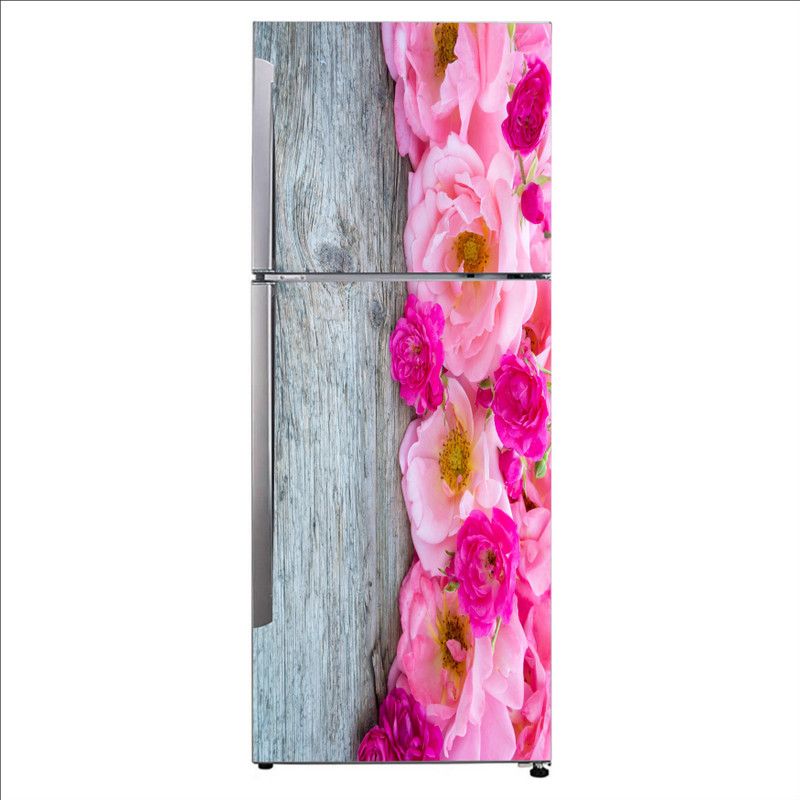 Psychedelic Collection 60 cm Decorative pink roses on brown wooden surface Exta Large Sticker For Fridge Décor Self Adhesive Sticker  (Pack of 1)