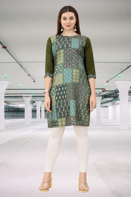 Women Self Design Crepe Flared Kurta  (Green)
