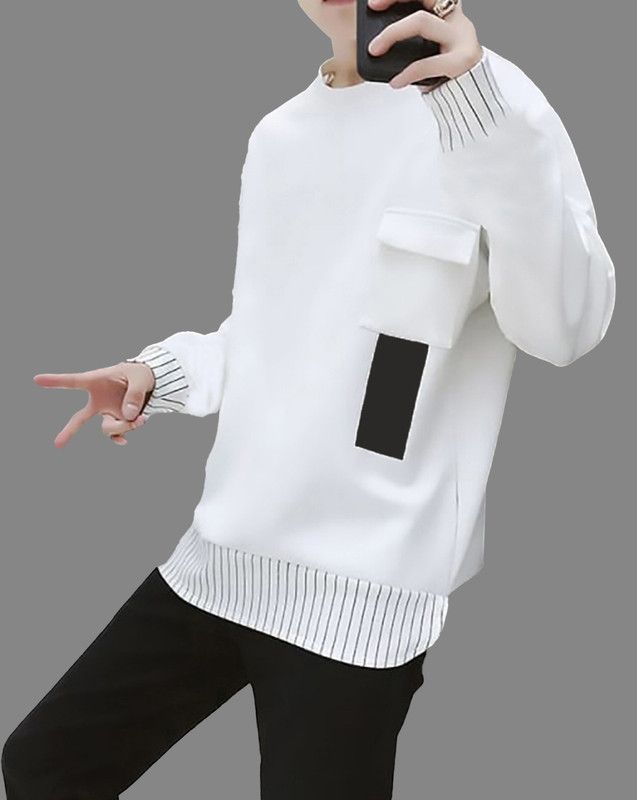 Striped, Solid Men White T-Shirt