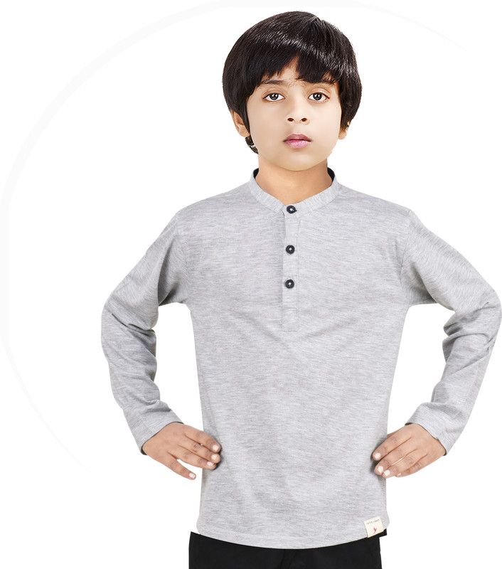 Boys Self Design Pure Cotton Straight Kurta  (Grey)