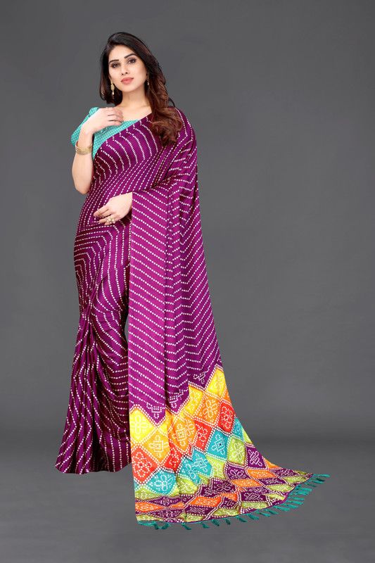 Bandhani Chiffon Saree  (Purple)