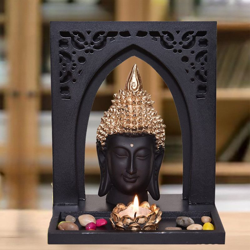 Once and again Buddha head with wooden darbar stand with t-light holder for home decor Decorative Showpiece - 23 cm  (Resin, Black, Gold)
