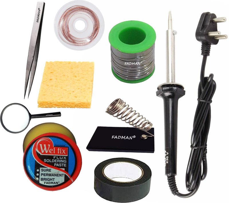 FADMAN SOLDERING IRON 60W (BLACK) | SOLDERING PASTE FLUX | SOLDER WIRE | SOLDERING IRON STAND | SPONGE | HARDWARE TAPE | DESOLDERING WICK | TWEEZER | MAGNIFYING GLASS | 60 W