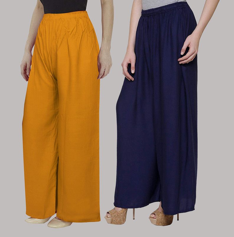 Pack of 2 Women Regular Fit Brown, Blue Cotton Blend Trousers