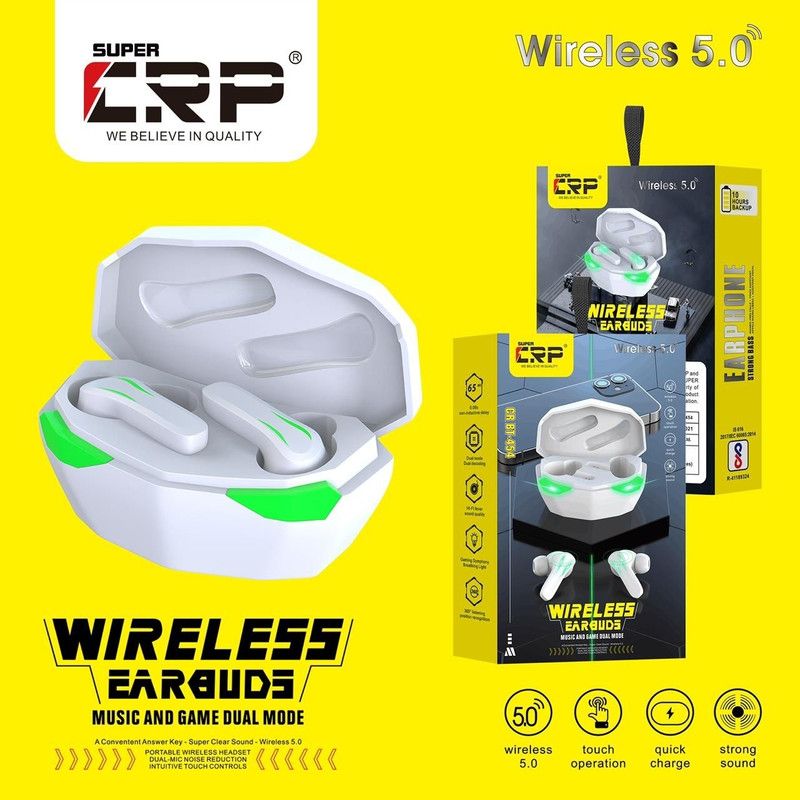 Super CRP CR BT-455 TRUE PERFORMANCE TWS - WIRELESS EARBUDS Bluetooth Headset  (Green, Black, True Wireless)