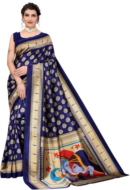 Woven Baluchari Art Silk Saree  (Dark Blue)