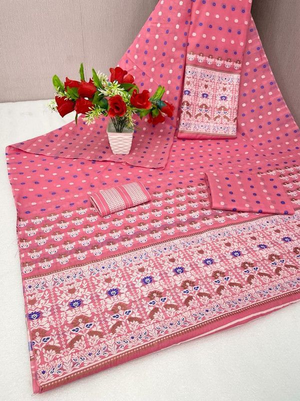 Embellished, Embroidered, Self Design, Woven Mekhela Chador Chanderi, Cotton Silk Saree  (Pink, White)
