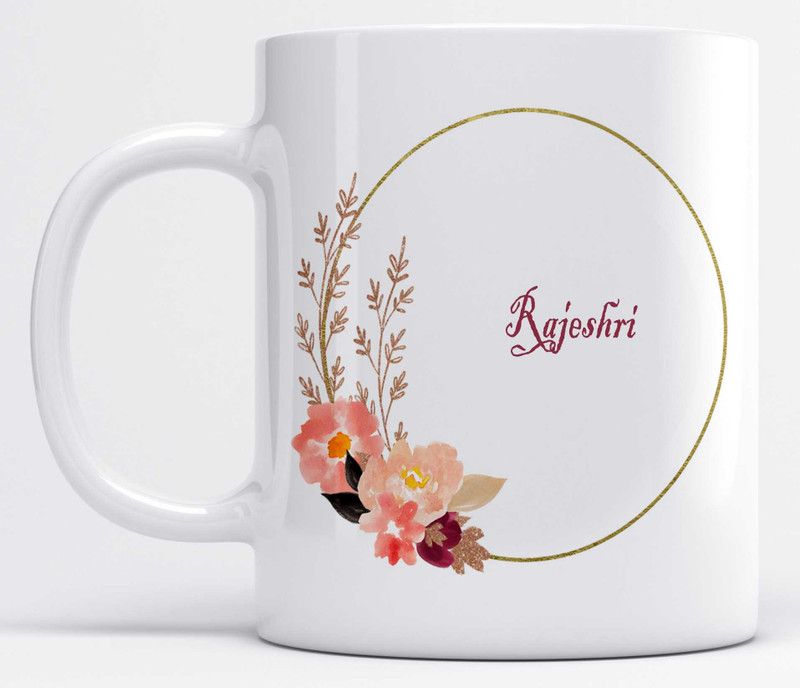 Name Rajeshri Printed Light Pink Flower Design Ceramic Coffee Mug  (350 ml)