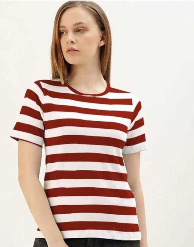 Women Striped Round Neck Cotton Blend Maroon T-Shirt