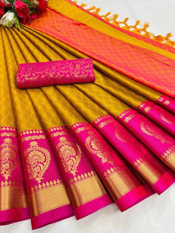 Self Design Banarasi Pure Silk, Cotton Silk Saree  (Pink, Yellow)