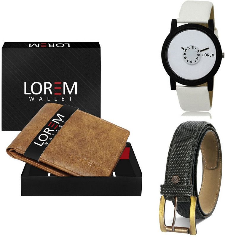 LOREM Belt, Wallet & Watch Combo  (Beige, Black, White)