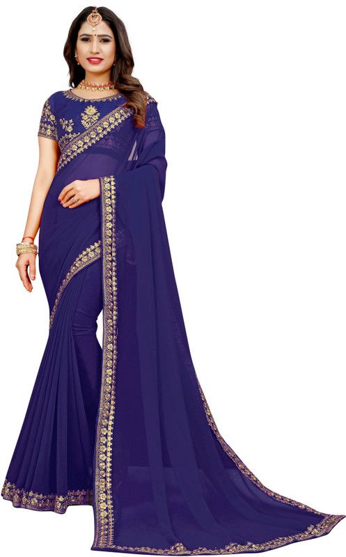Embroidered Bollywood Georgette, Silk Blend Saree  (Blue)