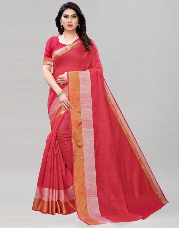 Woven, Solid, Plain, Embellished Handloom Cotton Silk Saree  (Red)