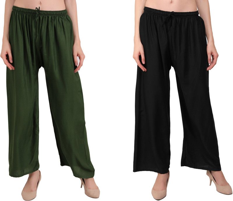 Pack of 2 Women Regular Fit Dark Green, Black Viscose Rayon Trousers