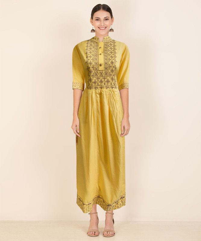 Women Embroidered Cotton Rayon Flared Kurta  (Yellow)