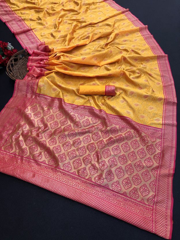 Printed, Self Design, Embellished, Woven, Floral Print, Blocked Printed Kanjivaram Jacquard, Silk Blend Saree  (Yellow)