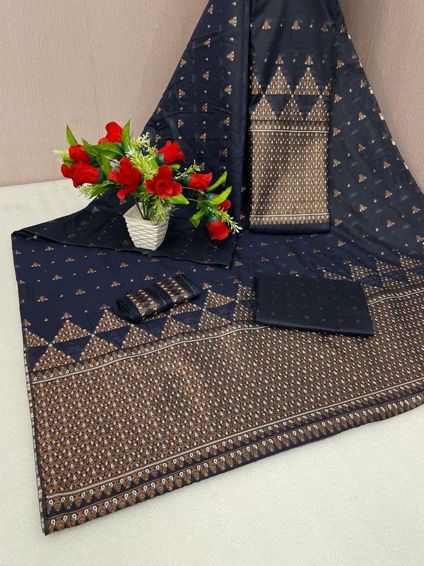 Embellished, Embroidered, Self Design, Woven Mekhela Chador Chanderi, Cotton Silk Saree  (Dark Blue, Gold)