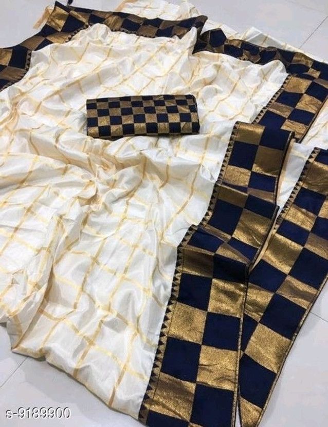 Checkered Kasavu Cotton Silk Saree  (Dark Blue)