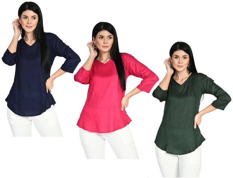 Pack of 3 Casual Regular Sleeves Solid Women Dark Blue, Red, Green Top