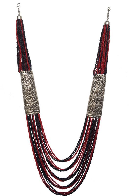 Long Glittering Red & Black Beads Silver Plated Alloy Necklace