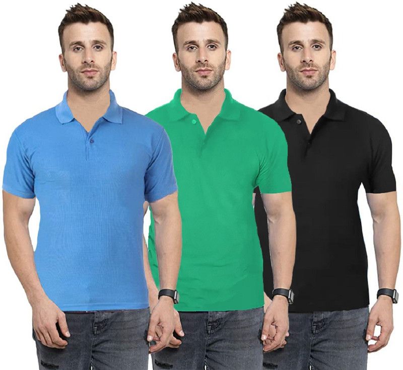 Pack of 3 Men Solid Polo Neck Cotton Blend Light Blue, Green, Black T-Shirt