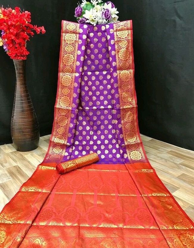 Woven Banarasi Jacquard Saree  (Purple, Orange)