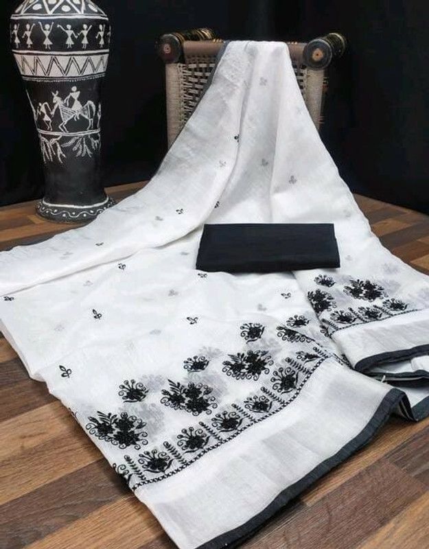 Embellished, Embroidered Bollywood Cotton Linen, Silk Blend Saree  (Black)