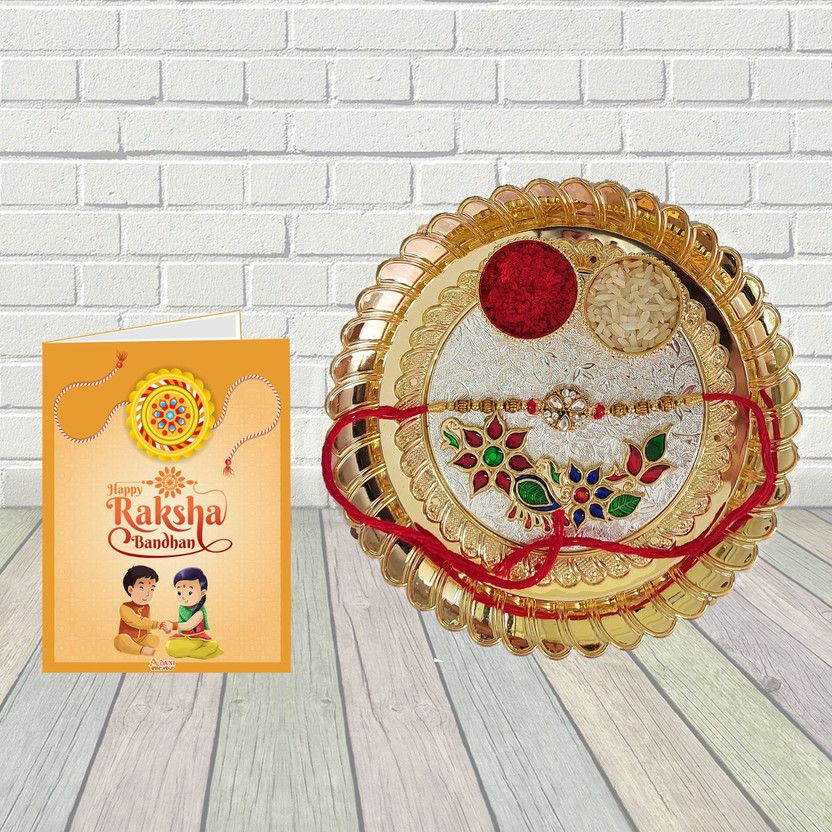Chawal Roli Pack, Rakhi, Thali, Greeting Card Set  (Rakhi thal, Greting card, chawl roli set, 1 designer Rakhi)