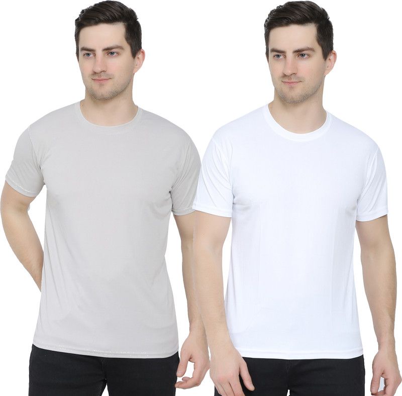 Pack of 2 Men Solid Round Neck Cotton Blend White T-Shirt