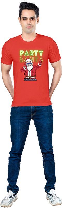 Men Printed, Typography Round Neck Cotton Blend Red T-Shirt