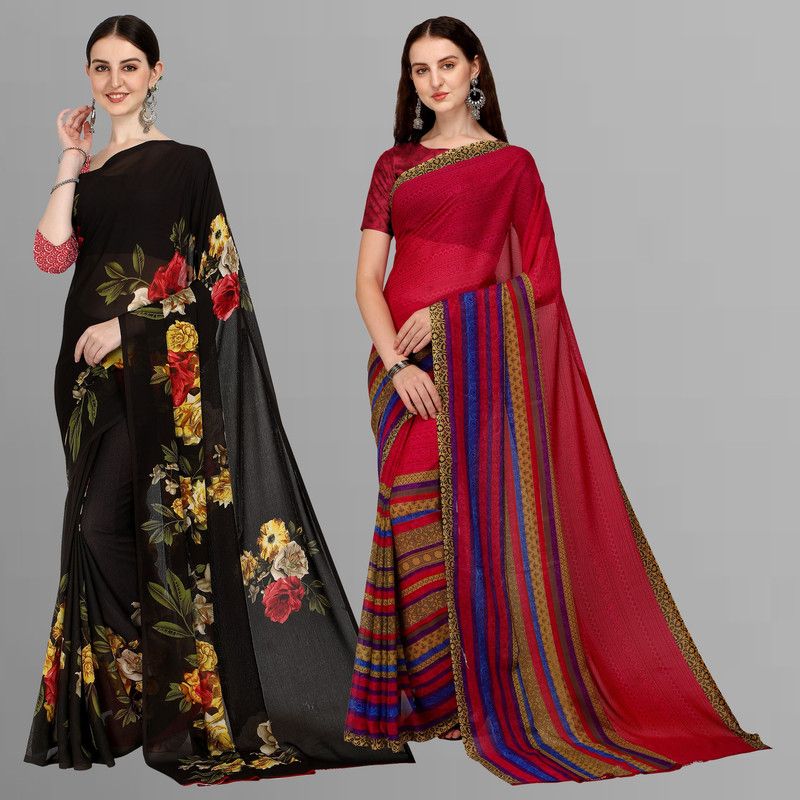 Floral Print Daily Wear Georgette Saree  (Pack of 2, Brown, Pink)