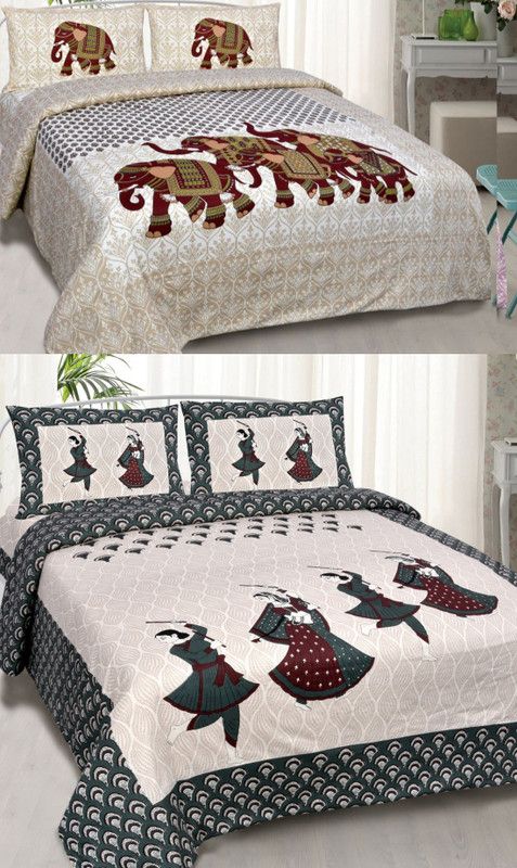 SOMYA GEMS 190 TC Cotton Double Jaipuri Prints Flat Bedsheet  (Pack of 2, Beige, Green)