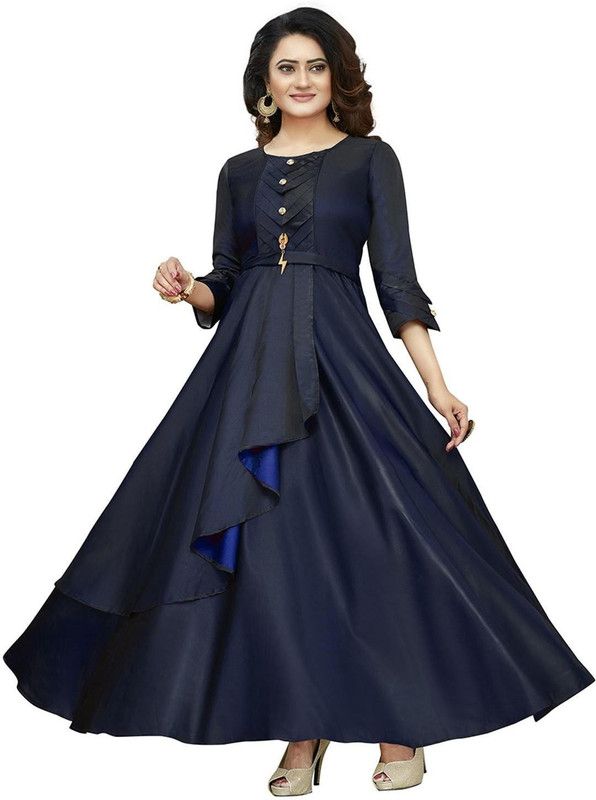 Women Solid Satin Blend Anarkali Kurti  (Blue)