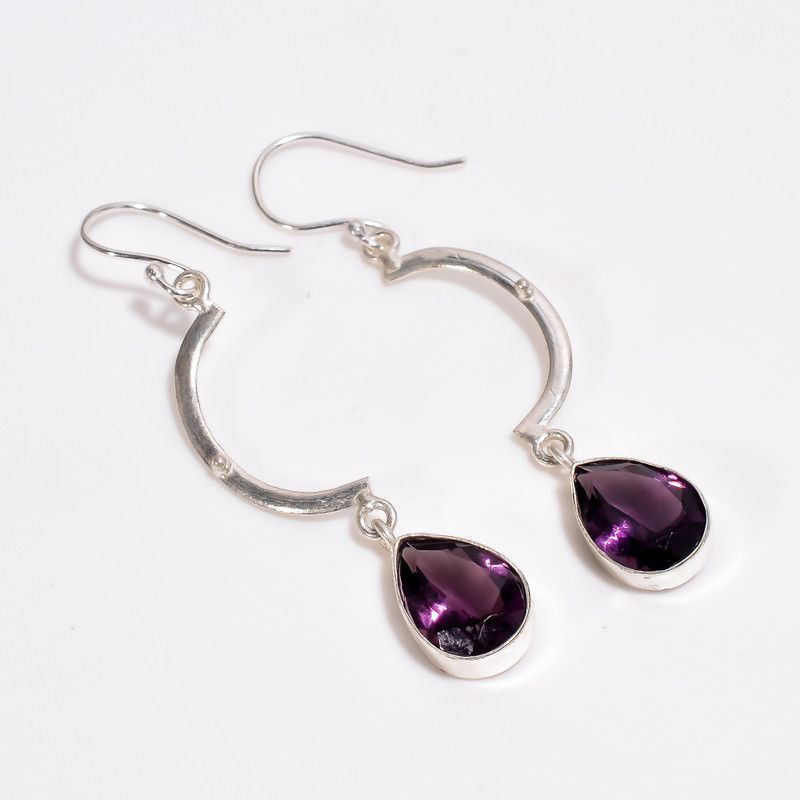 Amethyst Pear Ethnic Handmade 925 Sterling Silver Dangle Earrings 2.6" SE-120 Amethyst Sterling Silver Drops & Danglers