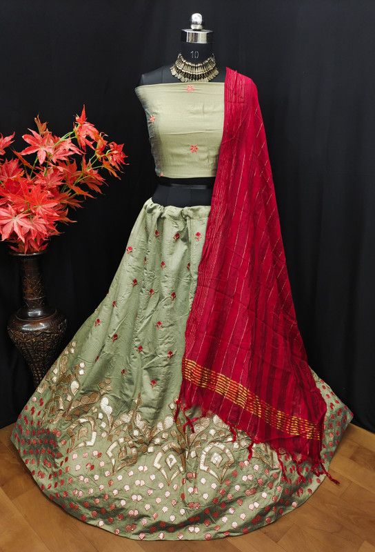 Embroidered Stitched Lehenga Choli  (Green)