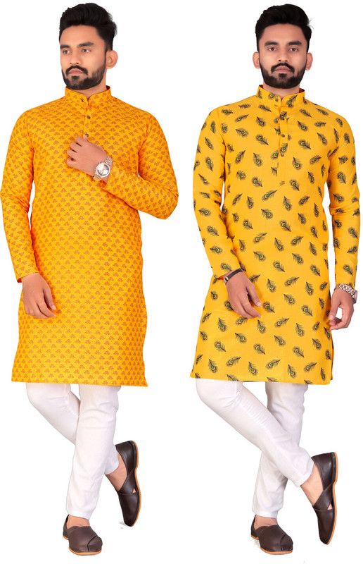 Pack of 2 Men Printed Cotton Blend Straight Kurta  (Yellow)