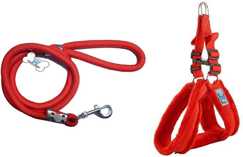 THE DDS STORE Heavy Duty Dog Leash Stylish Nylon Rope Leash with Soft Fur Nylon Harness Set Dog Harness & Leash  (Large, Red)