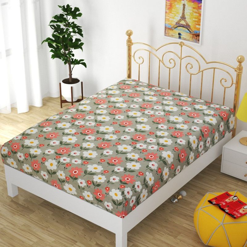 KESHAV FAB 140 TC Cotton Single Floral Flat Bedsheet  (Pack of 1, Peach, Multicolor)
