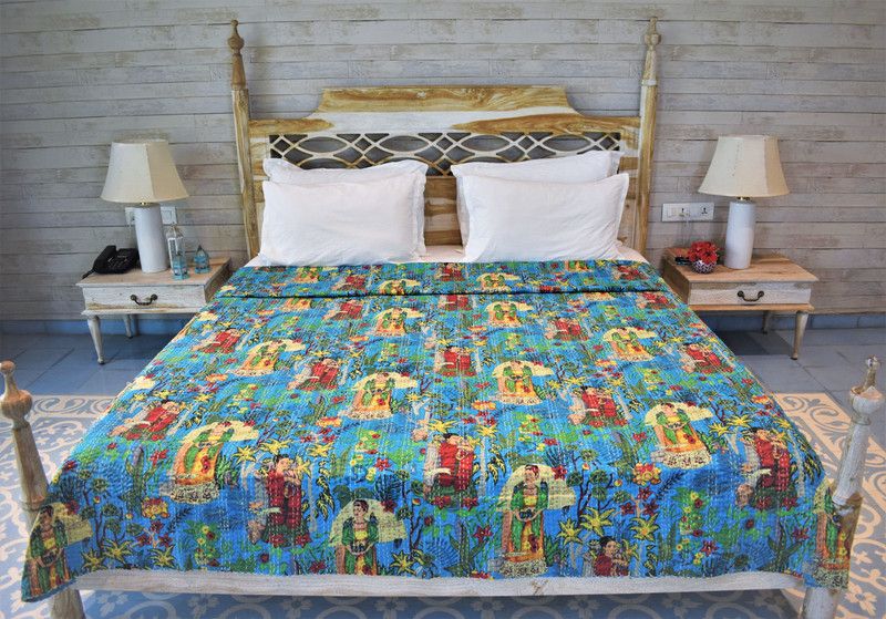 Indoor Elements Cotton Queen Bed Cover  (Light Blue)