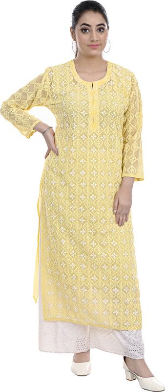 Women Chikan Embroidery Georgette Straight Kurta  (Yellow)