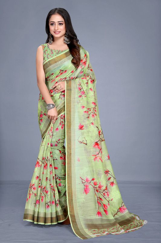 Floral Print Bollywood Cotton Blend Saree  (Multicolor, Green)