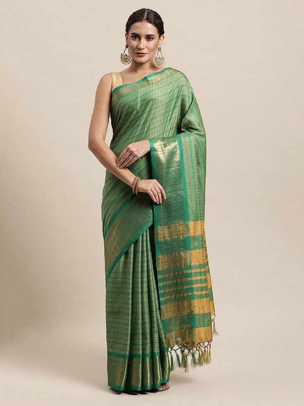 Woven Chettinadu Cotton Silk Saree  (Green)